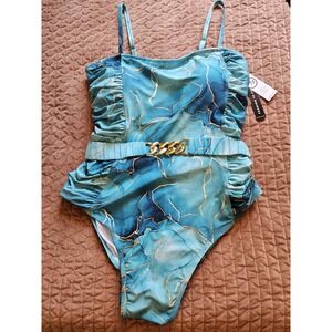 NWT FTF One-Piece Turquoise Gold Bathing Swimsuit Removable Belt and Straps, 3X